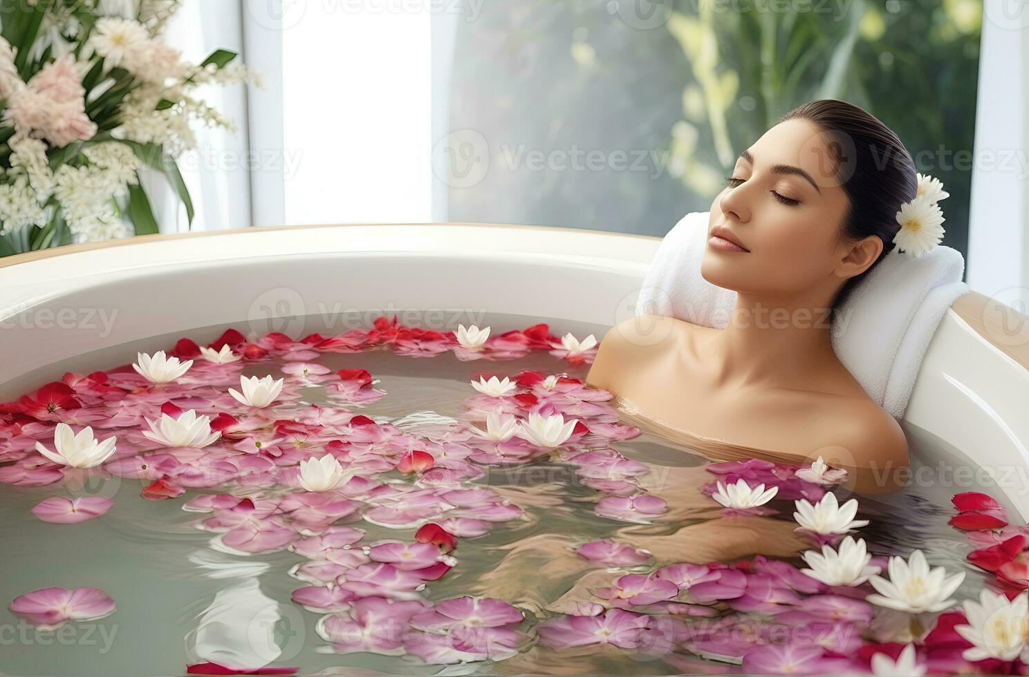 ai gegenereerd mooi vrouw ondergaan behandeling en het baden behandeling in spa studio foto