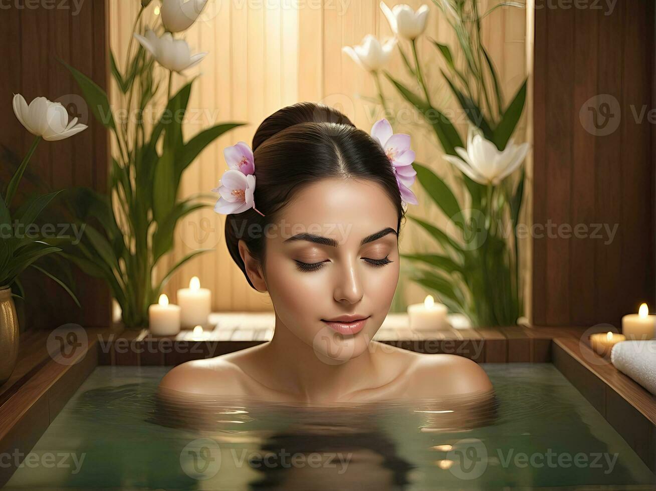 ai gegenereerd mooi vrouw ondergaan behandeling en het baden behandeling in spa studio foto