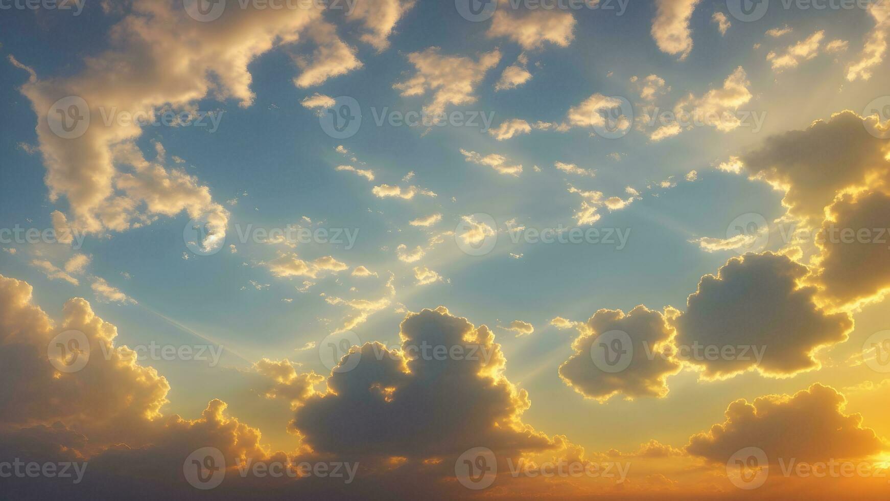 ai gegenereerd zonsondergang lucht met wolken en zon stralen foto