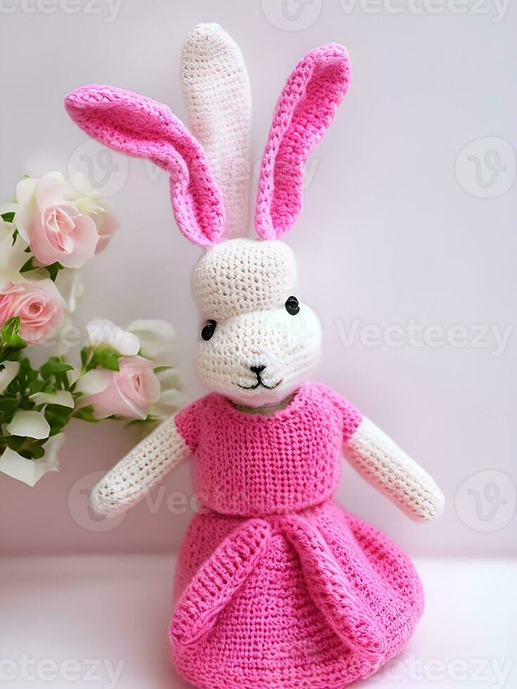 ai gegenereerd gebreid konijn in roze jurk. st. Valentijnsdag dag decor. gebreid speelgoed, amigurumi. valentijnsdag dag groet kaart ai gegenereerd foto