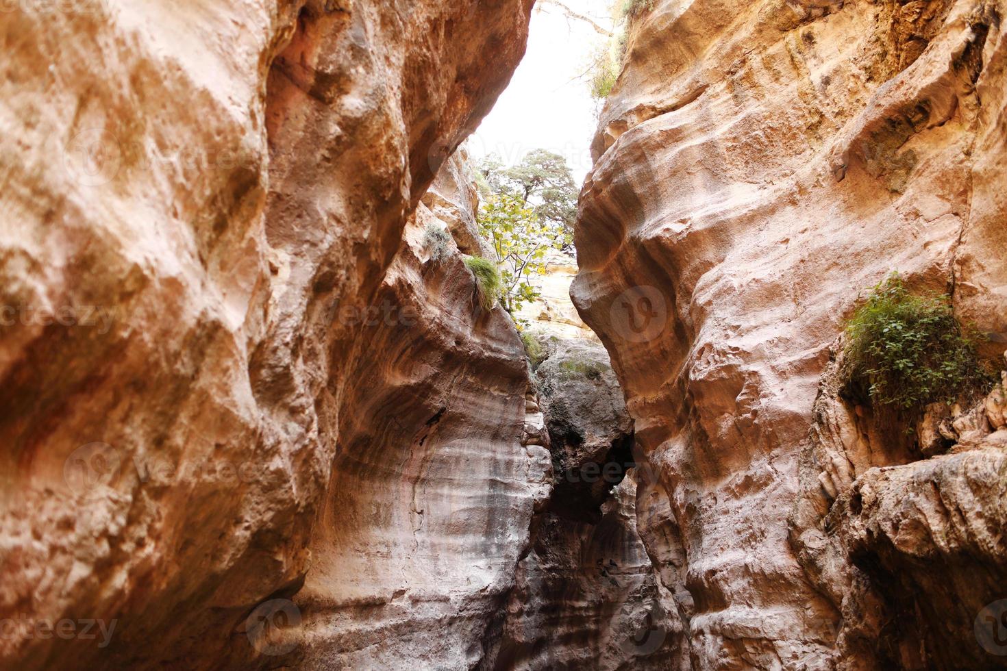 prachtige brede hoekmening van verbazingwekkende zandsteenformaties canyon. overstromingen en regenwater sneden de zandstenen wanden van de kloof in de tijd in sculpturale vormen foto