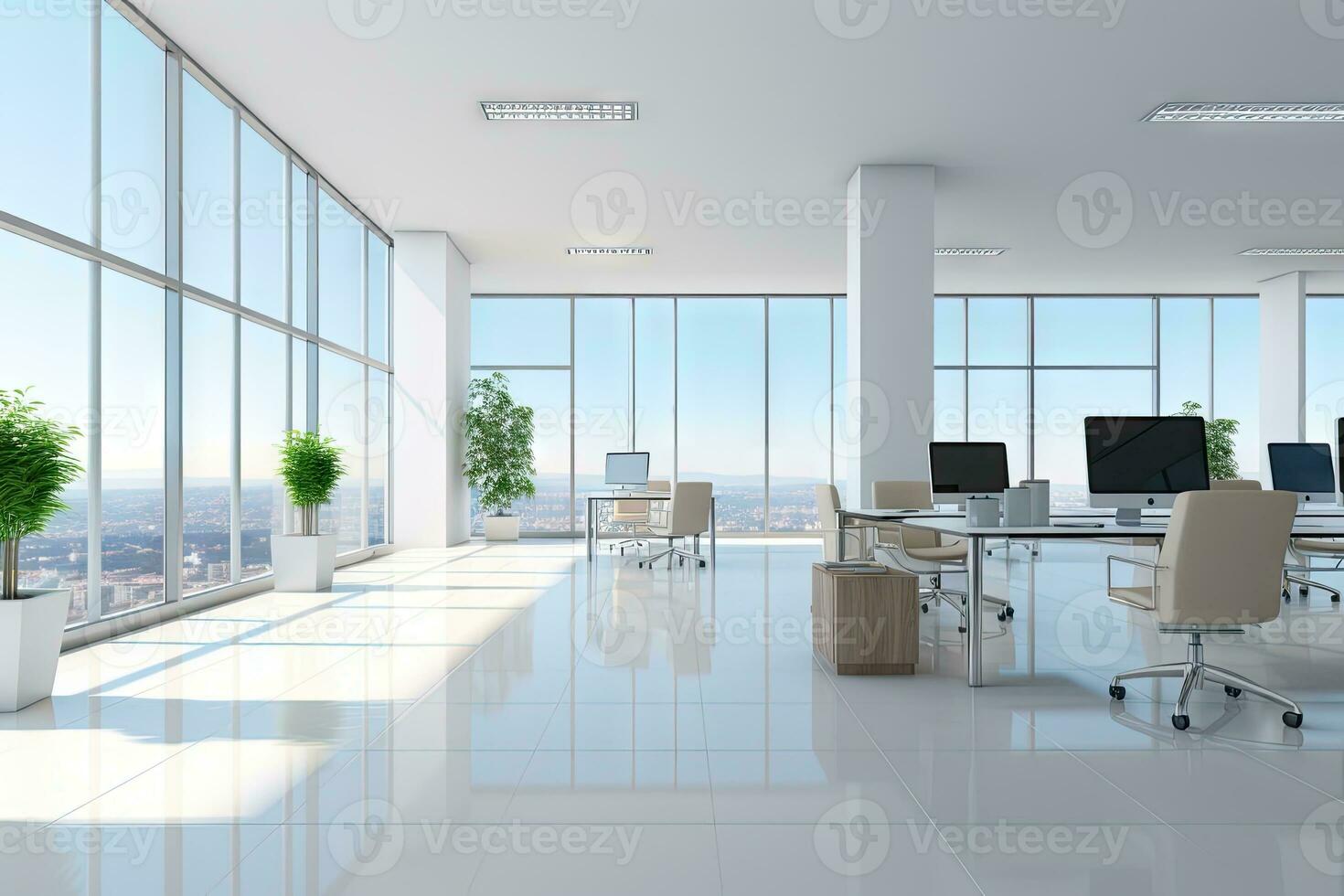 ai gegenereerd helder en schoon kantoor milieu abstract achtergrond helder kantoor met planten en groot ramen. door gegenereerd ai foto