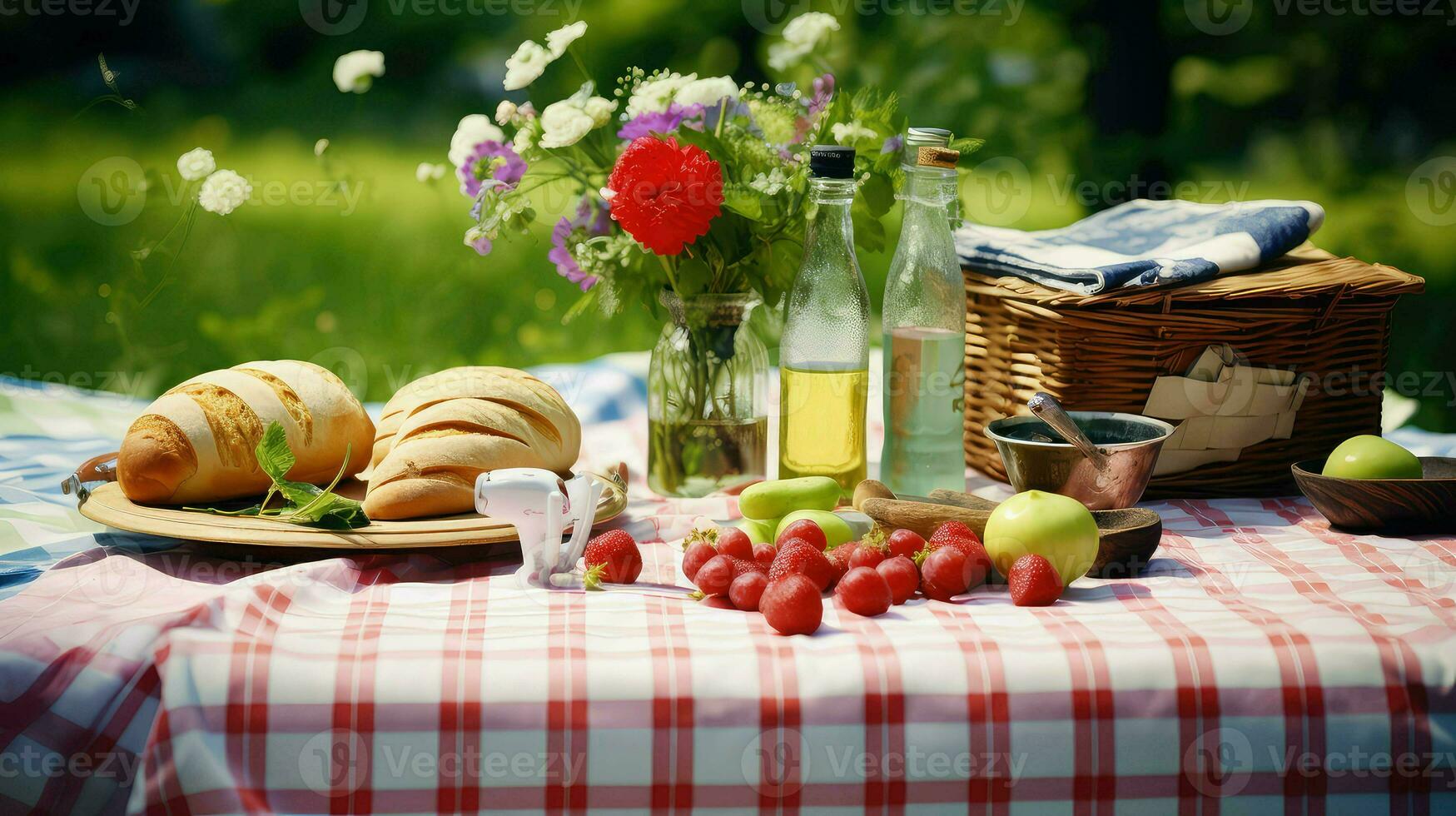 ai gegenereerd bijeenkomst tafelkleed picknick voedsel foto