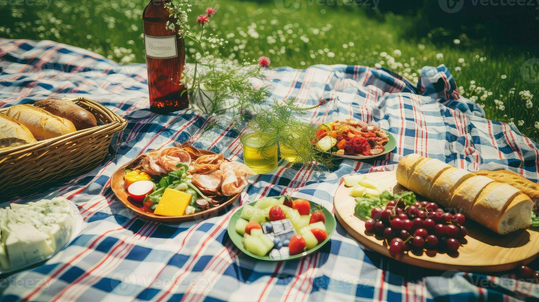 ai gegenereerd snacks deken picknick voedsel foto
