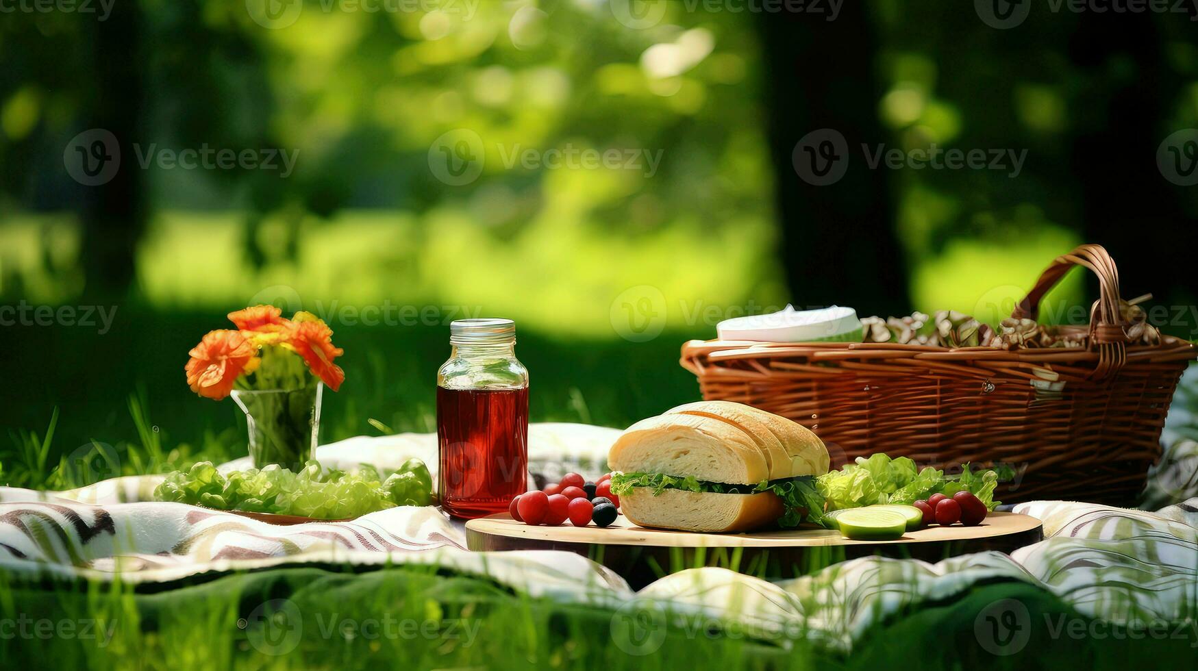 ai gegenereerd deken gras picknick voedsel foto