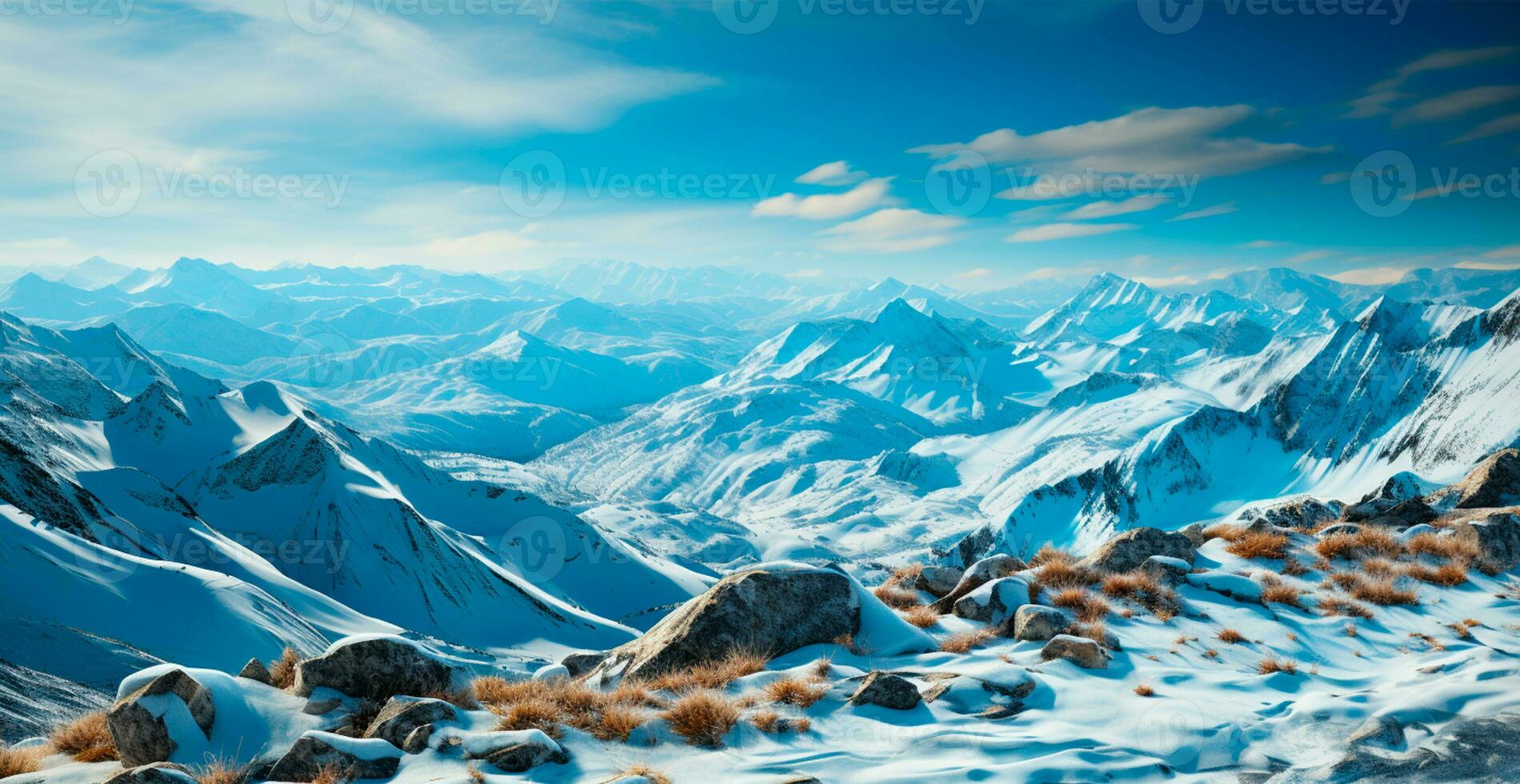 ai gegenereerd besneeuwd alpine bergen, mooi winter landschap, panorama - ai gegenereerd beeld foto