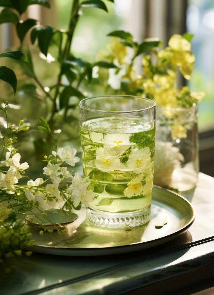ai gegenereerd groen thee met bloemen Aan een tafel foto