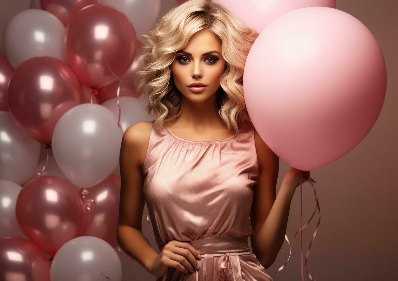 ai gegenereerd blond vrouw Holding aantal acht ballon met ballonnen en een boeket in de omgeving van het foto