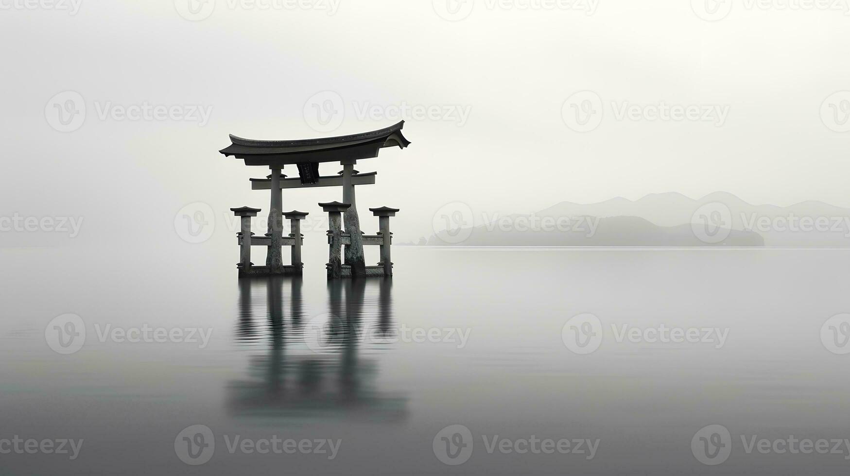 ai gegenereerd landschap van Japans torii poort in mist foto