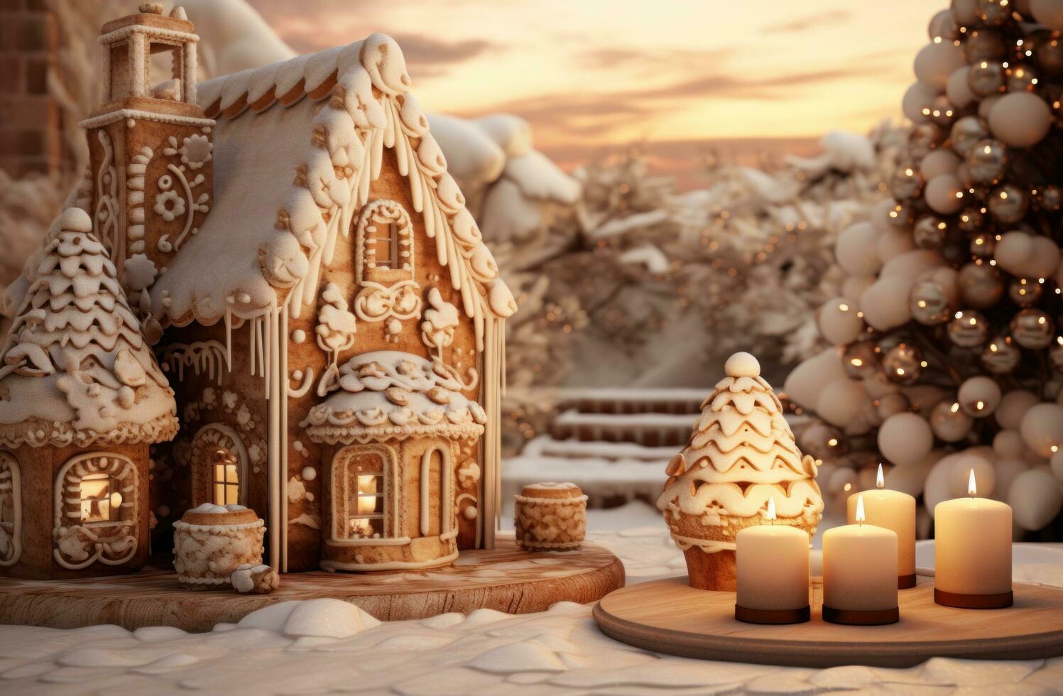 ai gegenereerd Kerstmis peperkoek huis Aan tafel met kaarsen foto