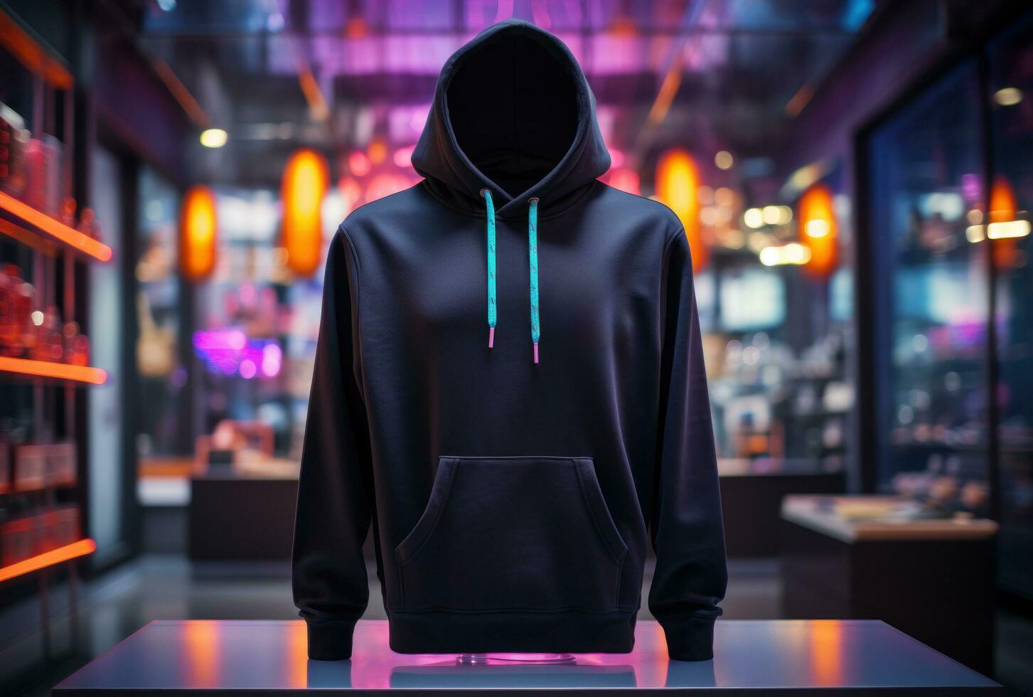 ai gegenereerd zwart met een kap sweater hangende van een Scherm in voorkant van een neon foto