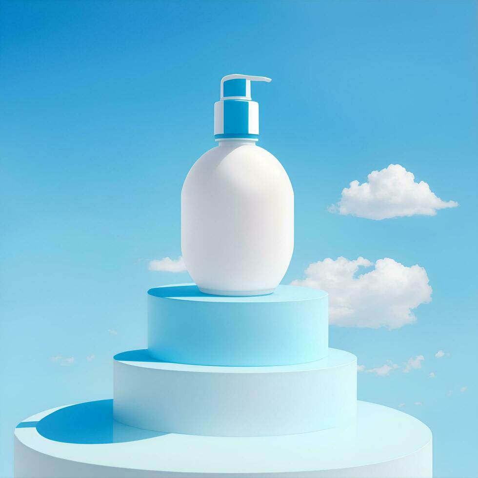 ai gegenereerd leeg shampoo fles mockup Aan een podium met lucht in de achtergrond, ai gegenereerd foto