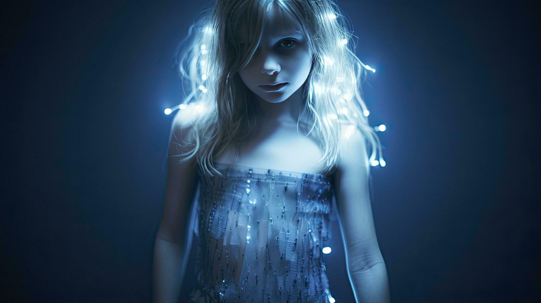 ai gegenereerd detailopname foto van een mooi meisje in blauw met lichten
