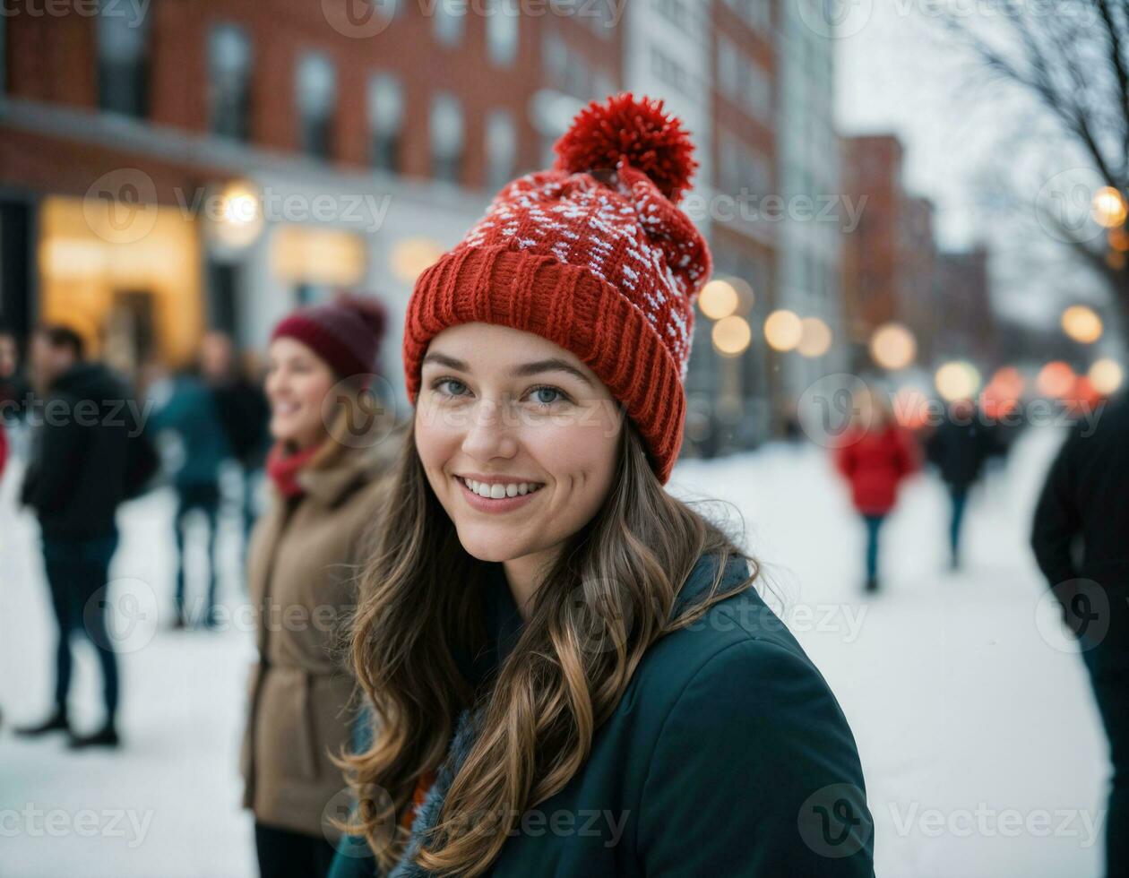 ai gegenereerd foto van mooi vrouw met blond haar- en muts hoed met gelukkig gevoel gedurende winter seizoen, generatief ai