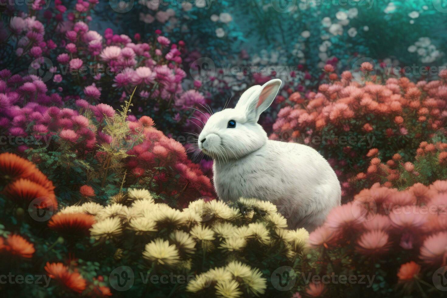 ai gegenereerd wit harig konijn in gebloeid kleurrijk tuin. genereren ai foto
