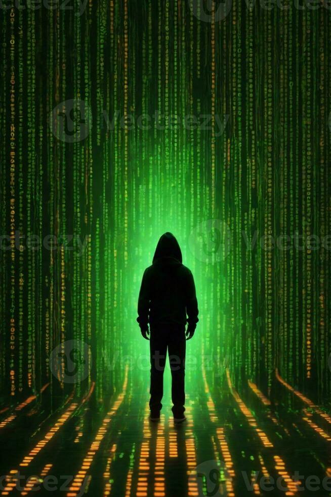 ai gegenereerd hacker in een kap Aan de achtergrond van een computer kunstmatig intelligentie- Matrix foto