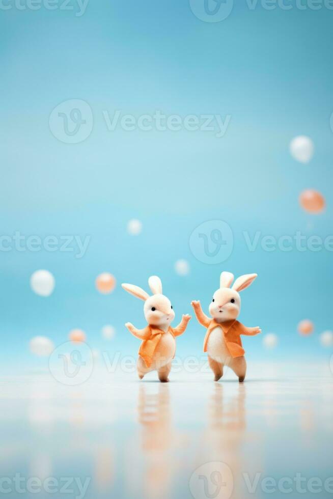 ai gegenereerd twee konijnen in oranje outfits staand Aan een blauw achtergrond, ai foto