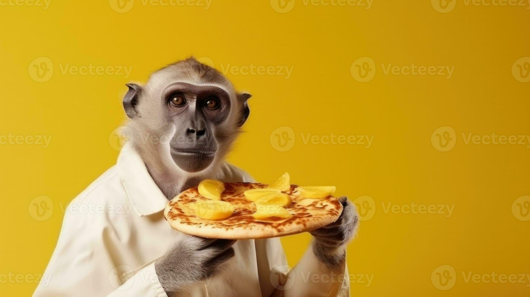 ai gegenereerd een aap Holding een pizza met ananas Aan het, ai foto