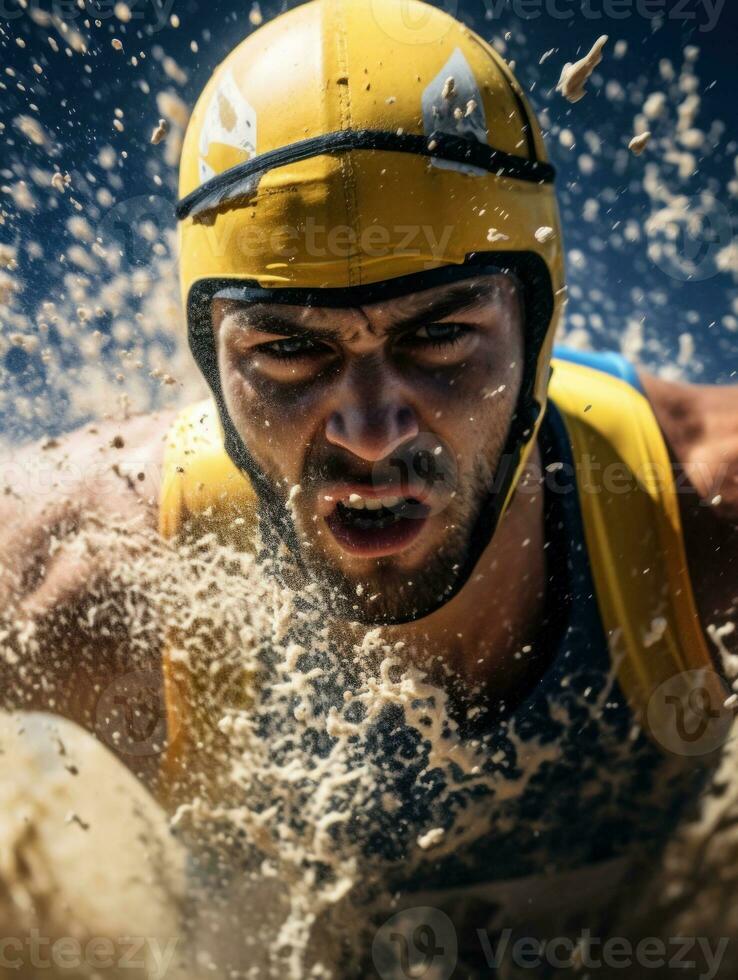 ai gegenereerd een Mens in een geel helm en blauw overhemd spatten water, ai foto