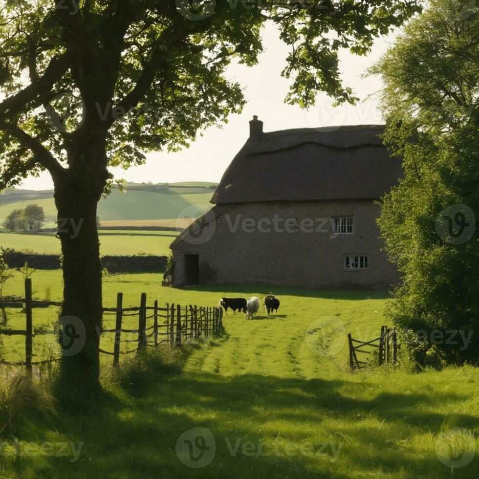 ai gegenereerd kalmte in de Engels platteland een glimp in landelijk boerderij leven foto