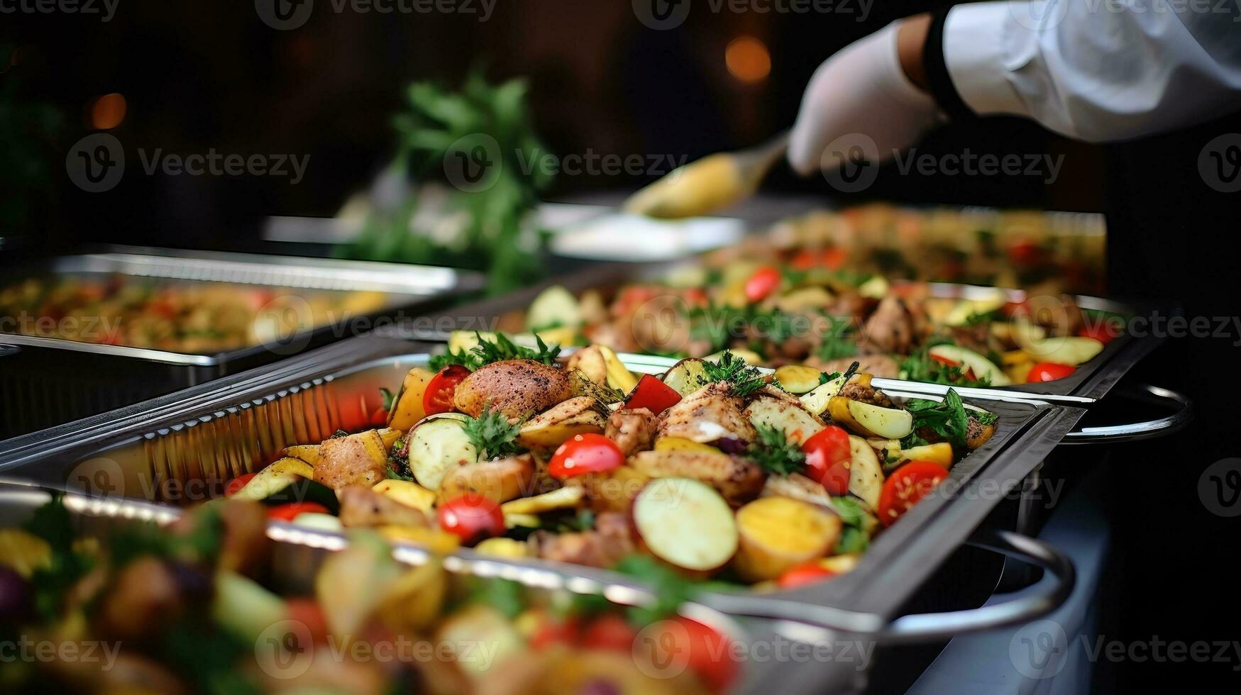 ai gegenereerd catering buffet voedsel Aan een lang tafel in een hotel restaurant foto