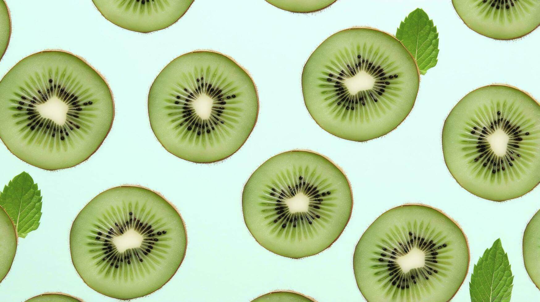 ai gegenereerd plakjes van kiwi fruit en groen munt bladeren Aan een licht pastel blauw achtergrond. ai gegenereerd foto