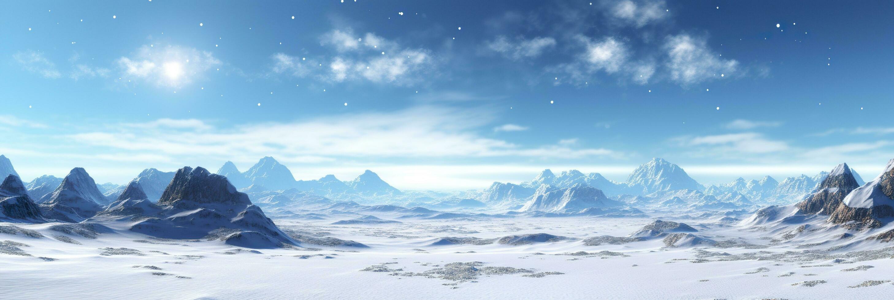 ai gegenereerd enorm verlaten sneeuw land, groot bergen in de achtergrond, sneeuwval met licht blauw lucht en licht blauw kleuren, vredig atmosfeer, ai generatief foto