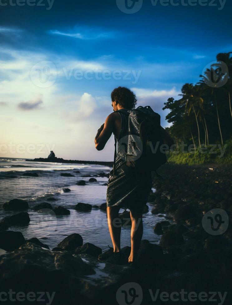 ai gegenereerd een fotograaf van reiziger of backpaker in de strand met een veel stijl en veel hoek foto