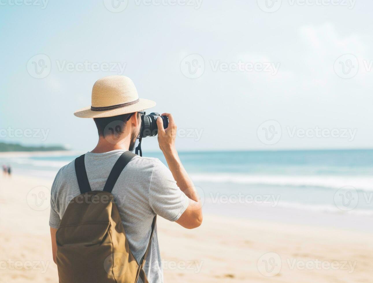 ai gegenereerd een fotograaf van reiziger of backpaker in de strand met een veel stijl en veel hoek foto