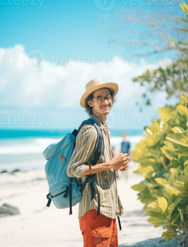 ai gegenereerd een fotograaf van reiziger of backpaker in de strand met een veel stijl en veel hoek foto