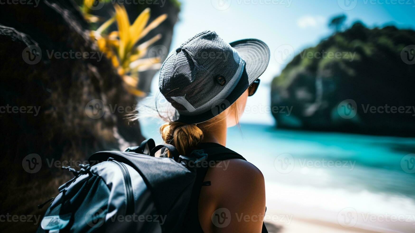 ai gegenereerd een fotograaf van reiziger of backpaker in de strand met een veel stijl en veel hoek foto