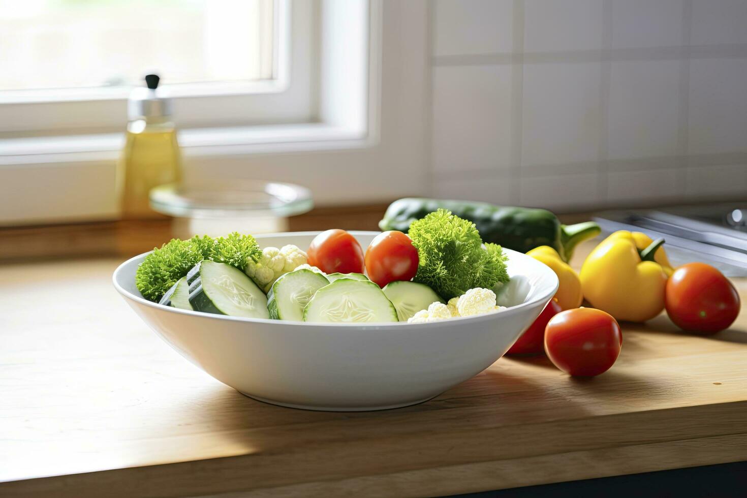 ai gegenereerd keuken nog steeds leven met wit kom van gewassen groenten Aan houten bureau. ai gegenereerd foto