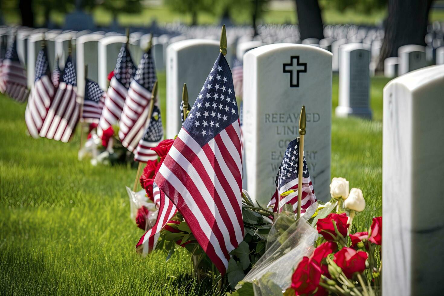 ai gegenereerd leger grafstenen en grafstenen versierd met vlaggen voor gedenkteken dag. ai gegenereerd foto