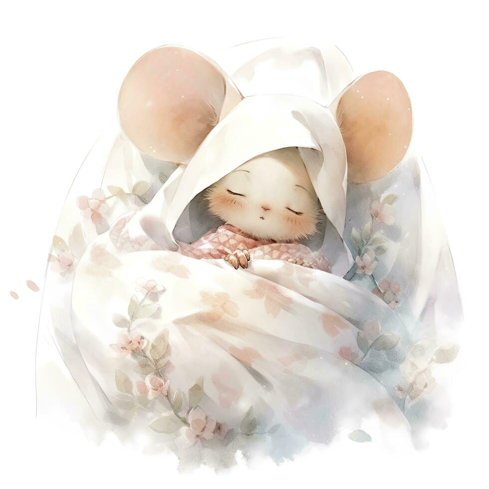 ai gegenereerd een slaperig baby muis in een beddengoed, waterverf illustratie. ai gegenereerd foto