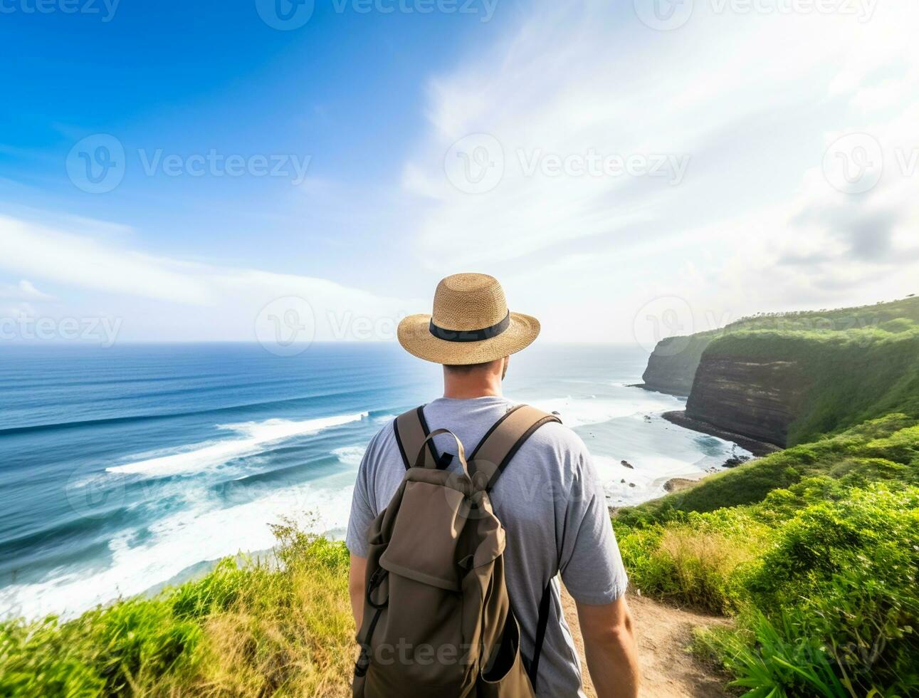 ai gegenereerd een fotograaf van reiziger of backpaker in de strand met een veel stijl en veel hoek foto