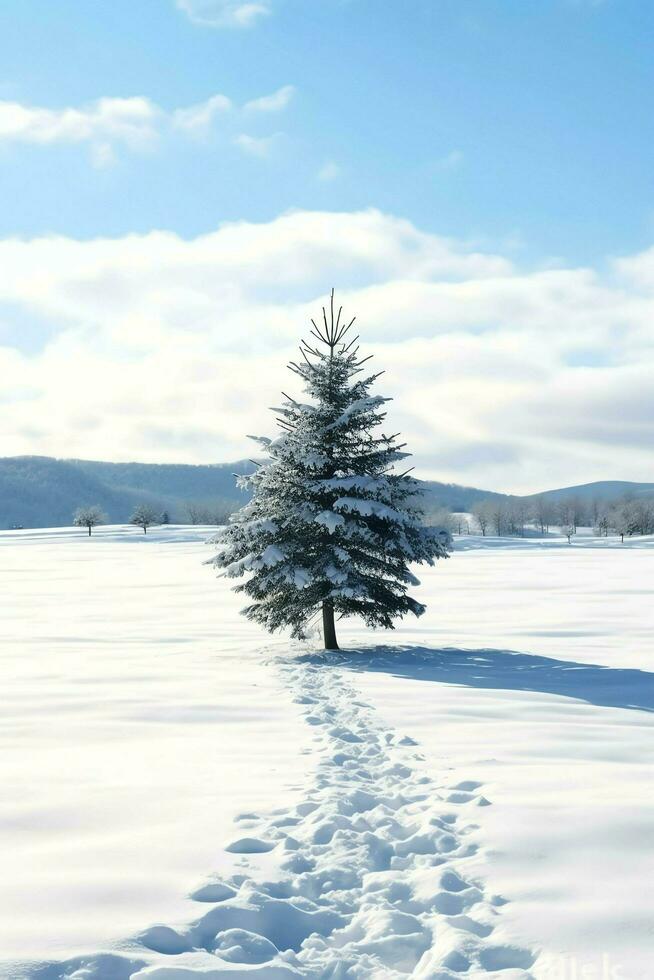 pijnboom bomen of versierd Kerstmis boom gedekt door sneeuw Aan mooi winter. Kerstmis thema buitenshuis door ai gegenereerd foto