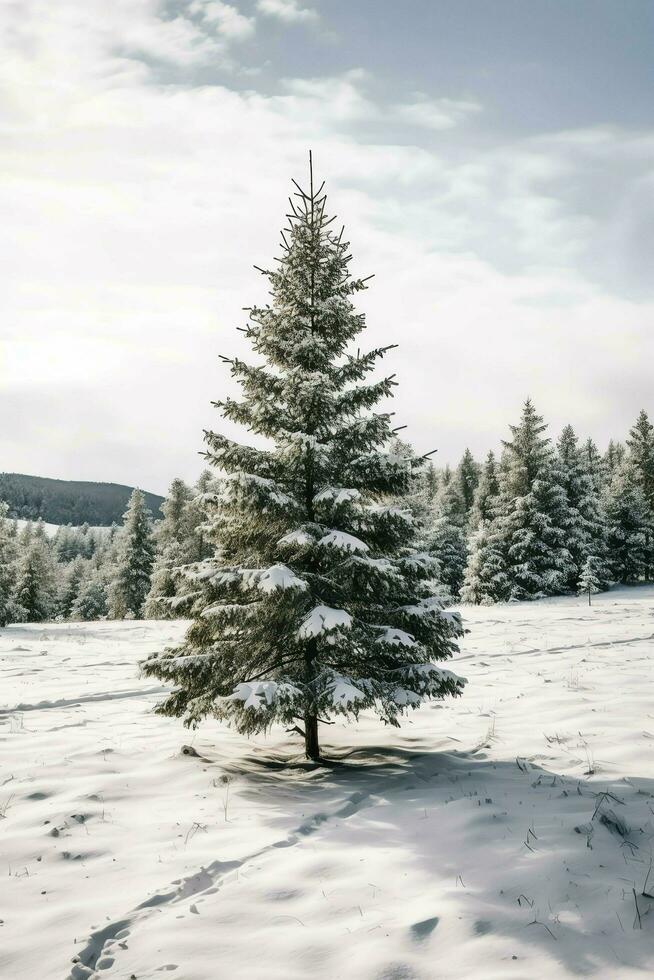 pijnboom bomen of versierd Kerstmis boom gedekt door sneeuw Aan mooi winter. Kerstmis thema buitenshuis door ai gegenereerd foto