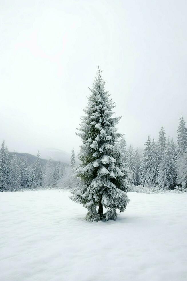 pijnboom bomen of versierd Kerstmis boom gedekt door sneeuw Aan mooi winter. Kerstmis thema buitenshuis door ai gegenereerd foto