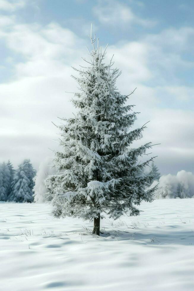 pijnboom bomen of versierd Kerstmis boom gedekt door sneeuw Aan mooi winter. Kerstmis thema buitenshuis door ai gegenereerd foto