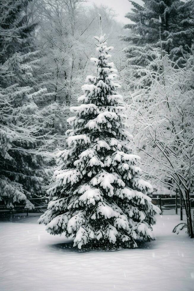 pijnboom bomen of versierd Kerstmis boom gedekt door sneeuw Aan mooi winter. Kerstmis thema buitenshuis door ai gegenereerd foto