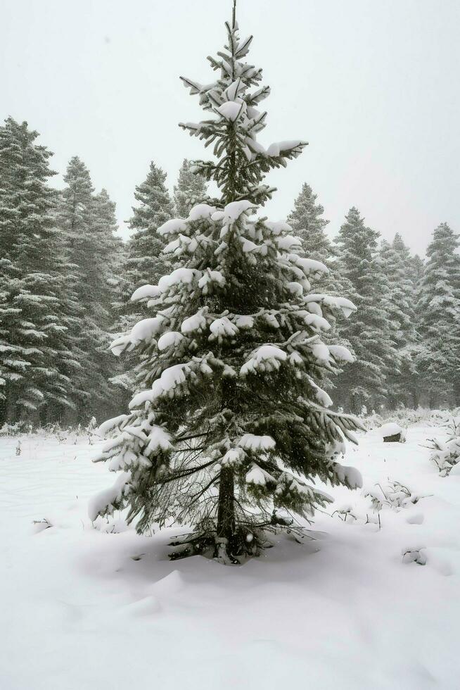 pijnboom bomen of versierd Kerstmis boom gedekt door sneeuw Aan mooi winter. Kerstmis thema buitenshuis door ai gegenereerd foto