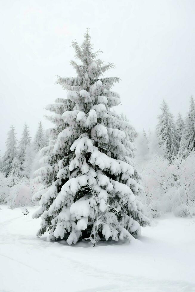 pijnboom bomen of versierd Kerstmis boom gedekt door sneeuw Aan mooi winter. Kerstmis thema buitenshuis door ai gegenereerd foto