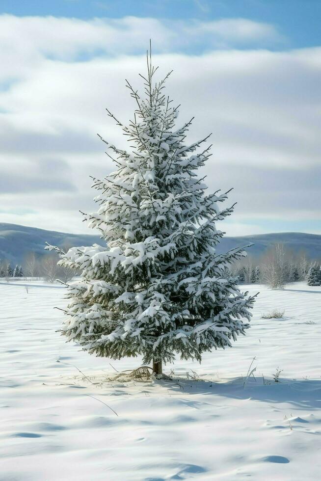 pijnboom bomen of versierd Kerstmis boom gedekt door sneeuw Aan mooi winter. Kerstmis thema buitenshuis door ai gegenereerd foto