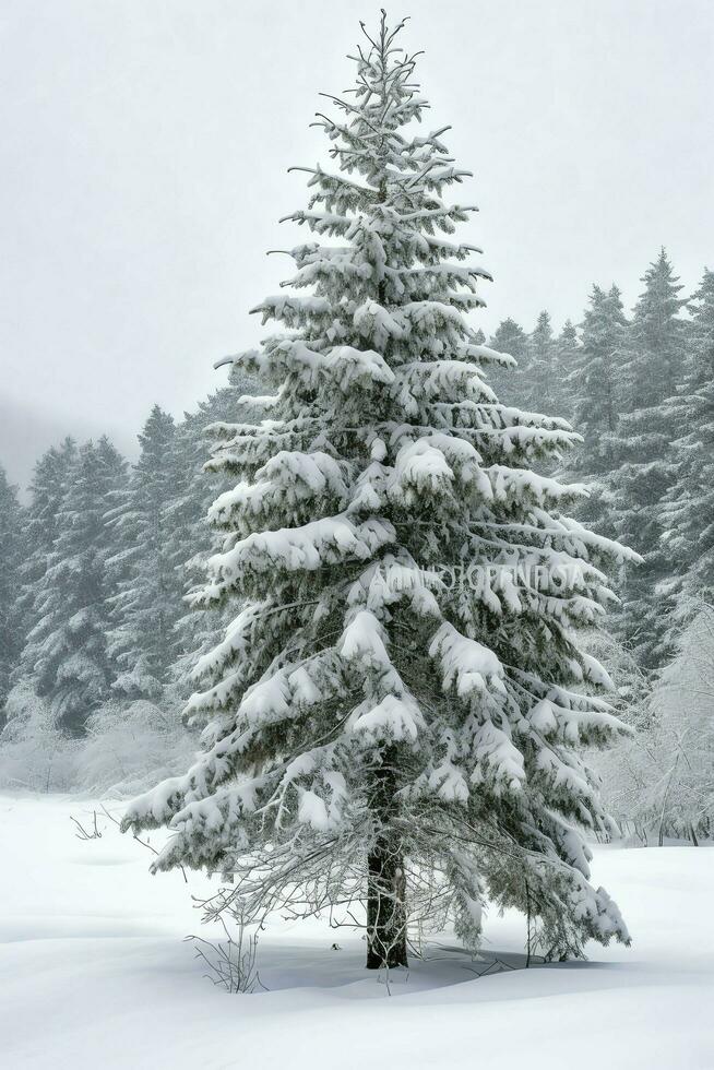 pijnboom bomen of versierd Kerstmis boom gedekt door sneeuw Aan mooi winter. Kerstmis thema buitenshuis door ai gegenereerd foto