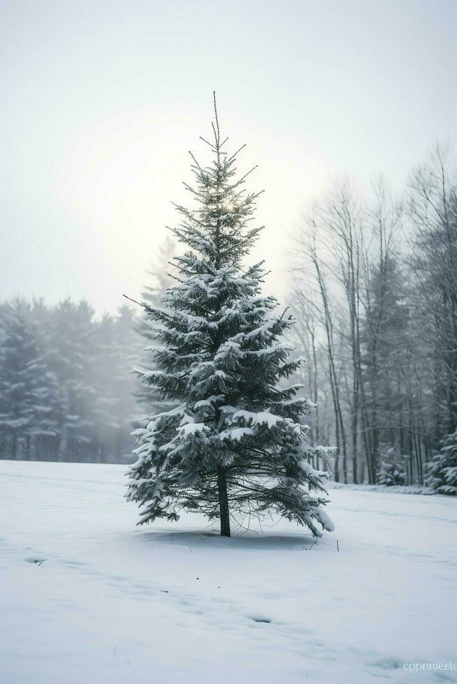 pijnboom bomen of versierd Kerstmis boom gedekt door sneeuw Aan mooi winter. Kerstmis thema buitenshuis door ai gegenereerd foto