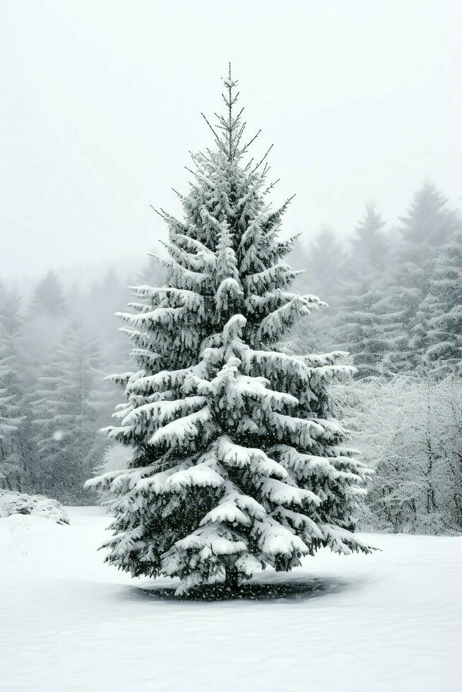 pijnboom bomen of versierd Kerstmis boom gedekt door sneeuw Aan mooi winter. Kerstmis thema buitenshuis door ai gegenereerd foto