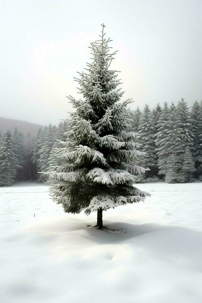 pijnboom bomen of versierd Kerstmis boom gedekt door sneeuw Aan mooi winter. Kerstmis thema buitenshuis door ai gegenereerd foto