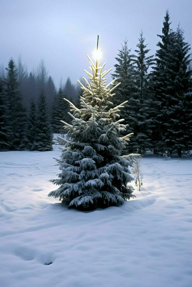 pijnboom bomen of versierd Kerstmis boom gedekt door sneeuw Aan mooi winter. Kerstmis thema buitenshuis door ai gegenereerd foto