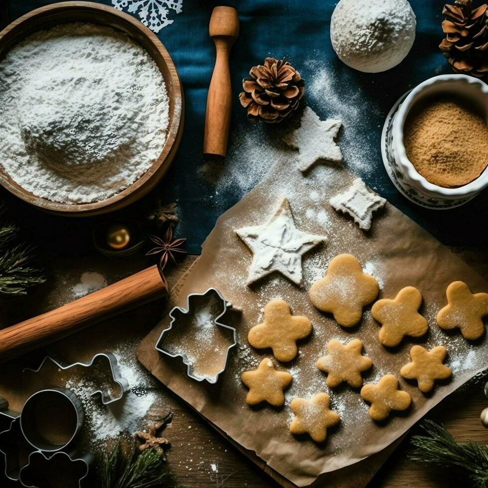 vlak leggen van Koken eigengemaakt Kerstmis bakken ingrediënten of peperkoek koekjes geplaatst Aan tafel concept door ai gegenereerd foto