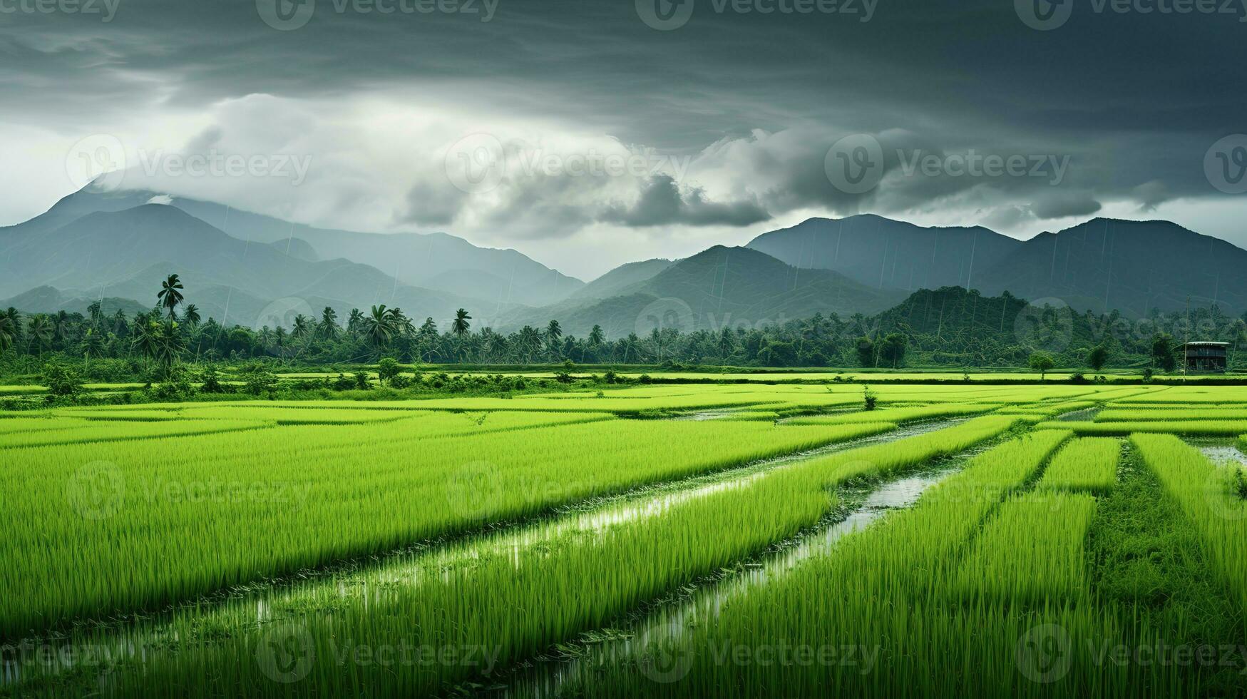 ai gegenereerd groen rijst- velden in de regenachtig seizoen mooi natuurlijk landschap foto